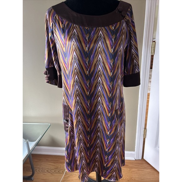 Calypso St. Barth Silk Dress Retail $290 brown purple chev pattern short slv M - Picture 1 of 15